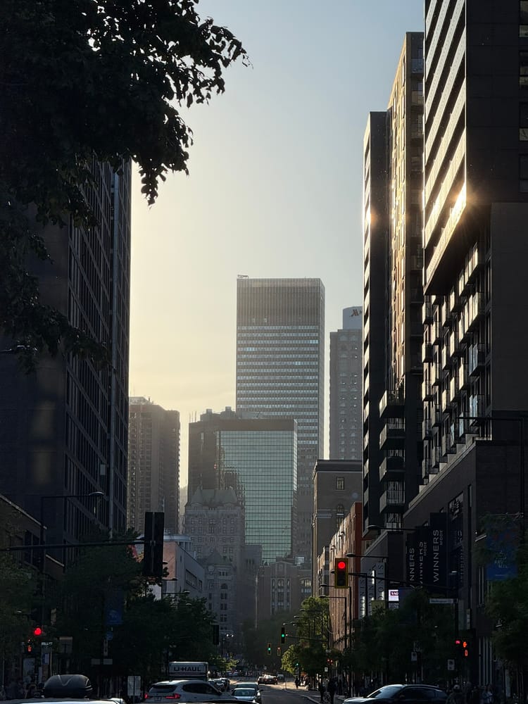 Low sunlight reflecting off tall buildings above a city street