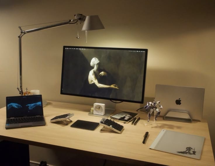 A warmly lit desk with an adjustable lamp, monitor, split keyboard, and laptops